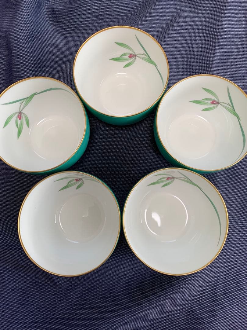 未使用 香蘭社 湯呑 茶碗 5客 緑釉 金彩 骨董品 花 蘭
