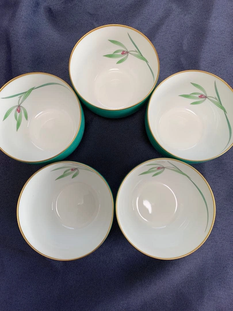 未使用 香蘭社 湯呑 茶碗 5客 緑釉 金彩 骨董品 花 蘭