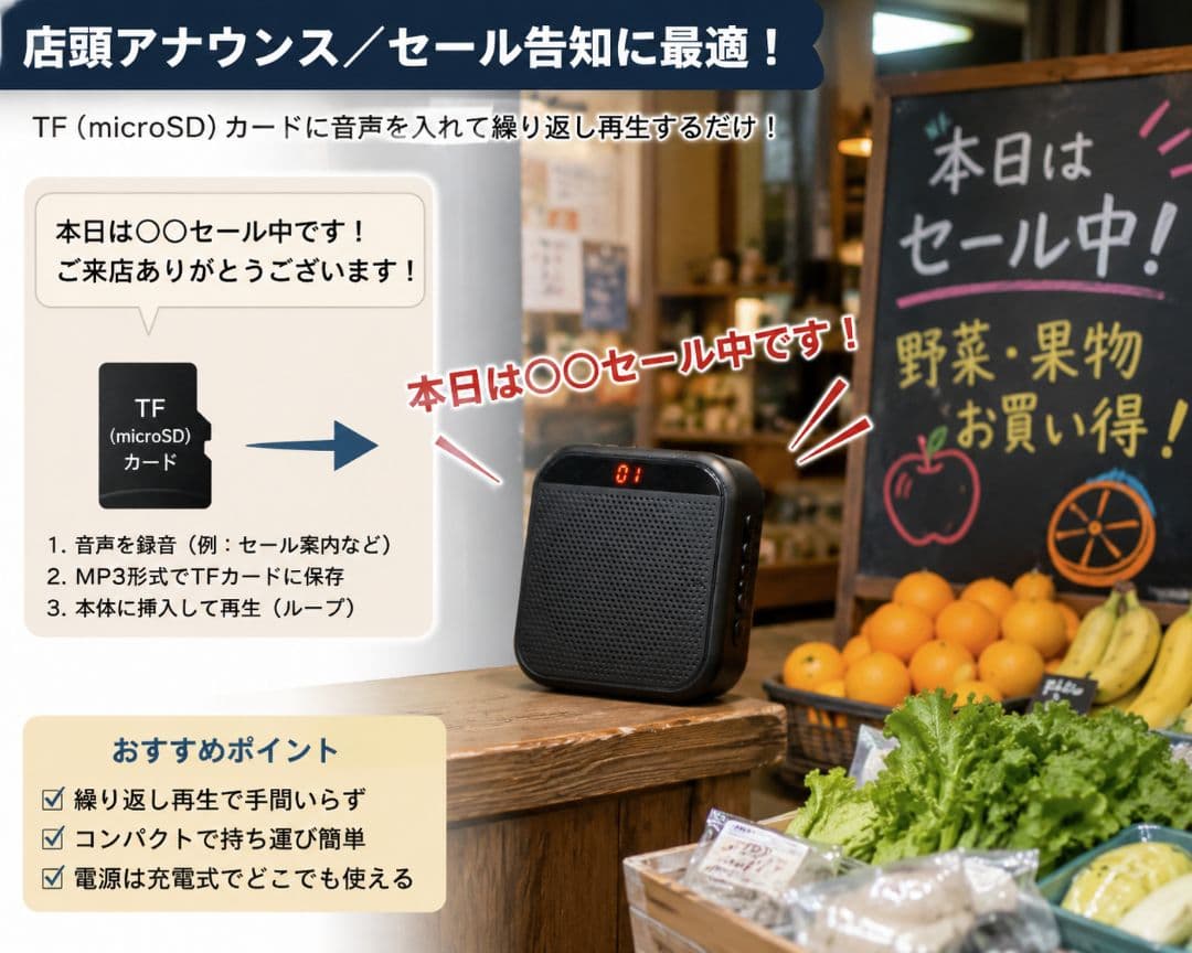 店頭・イベント用 小型ポータブルスピーカー USB・microSD・AUX対応