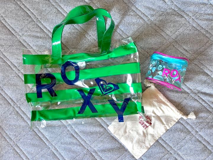 ROXY PVCトートバッグ グリーン×ネイビー 3点セット