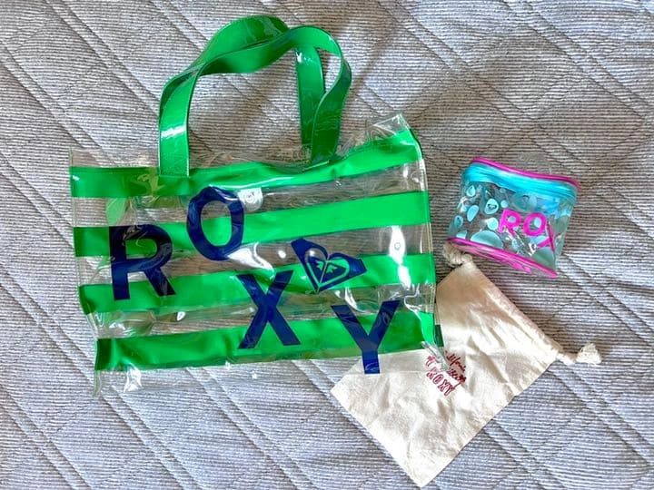 ROXY PVCトートバッグ グリーン×ネイビー 3点セット