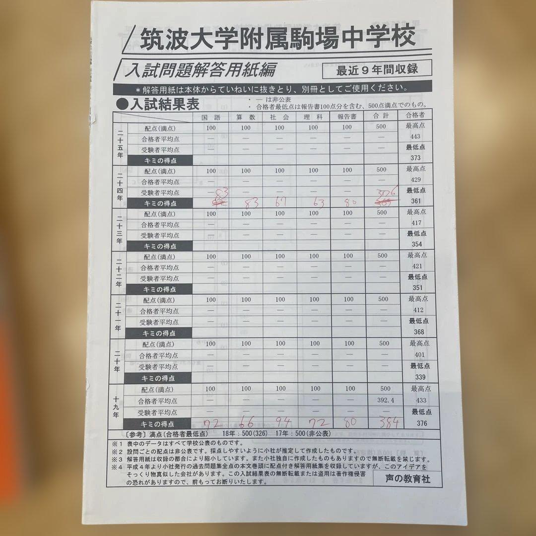 【レア】平成26年度筑波大学附属駒場中学校9年間スーパー過去問の写真3枚目