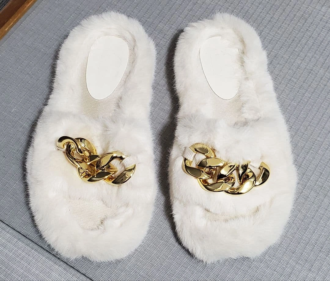 ファーサンダル ゴールドチェーン ホワイト 美品