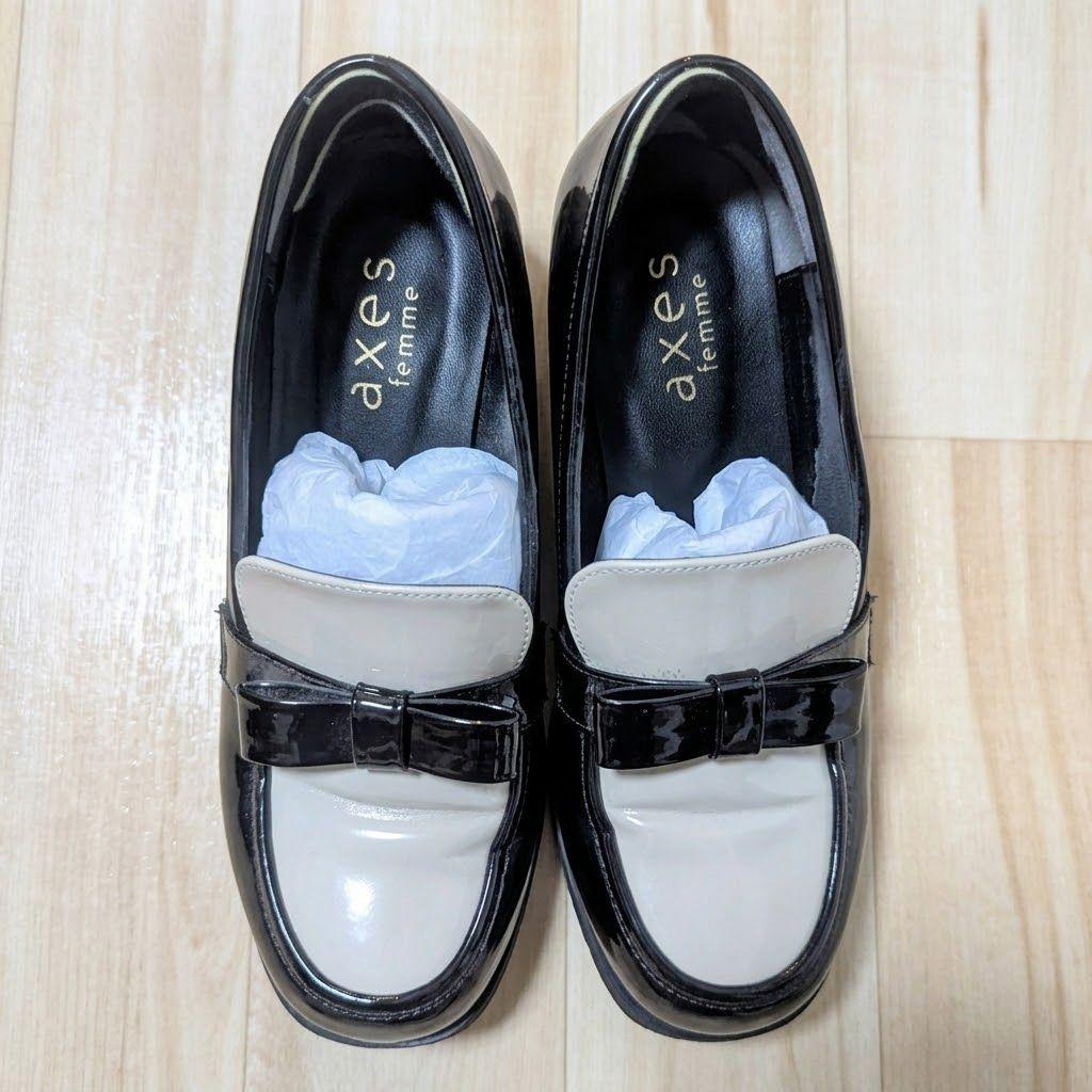 axes femme バイカラー厚底リボンローファー