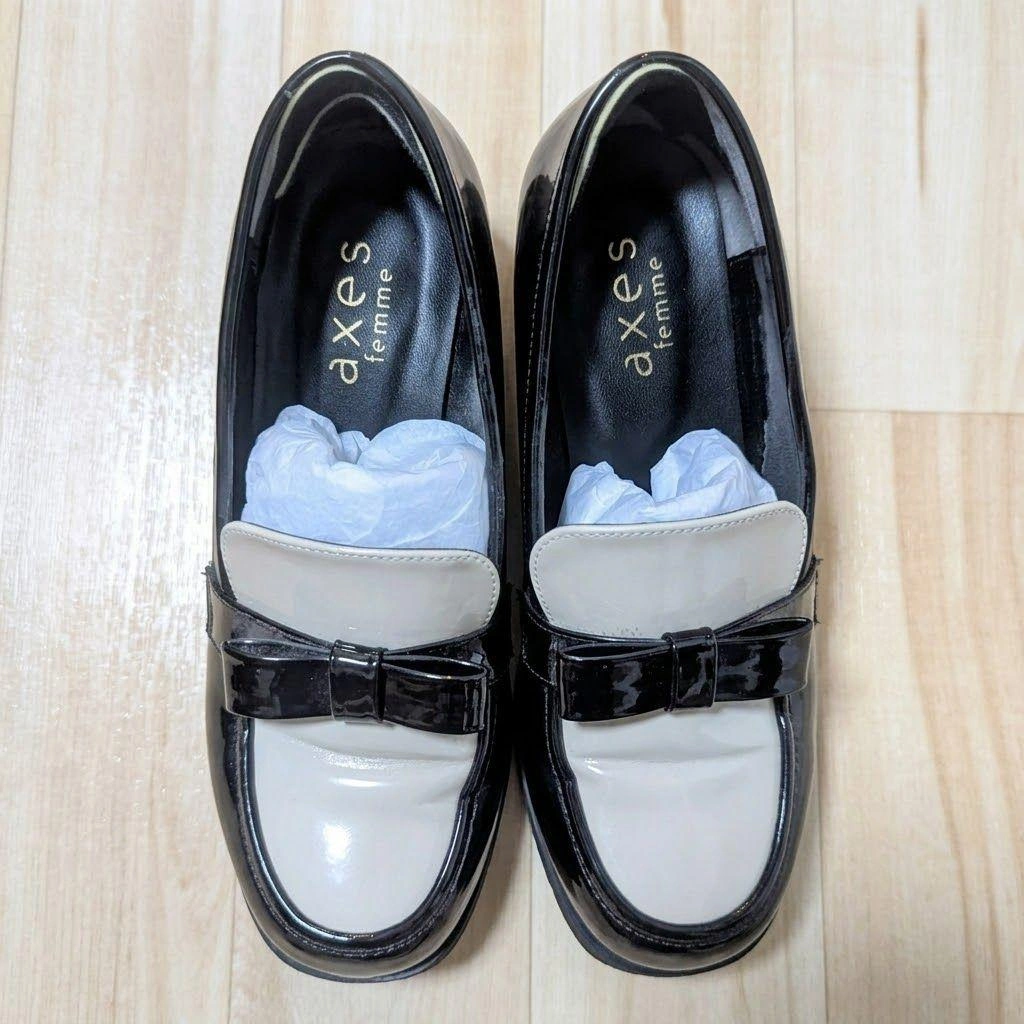 axes femme バイカラー厚底リボンローファー