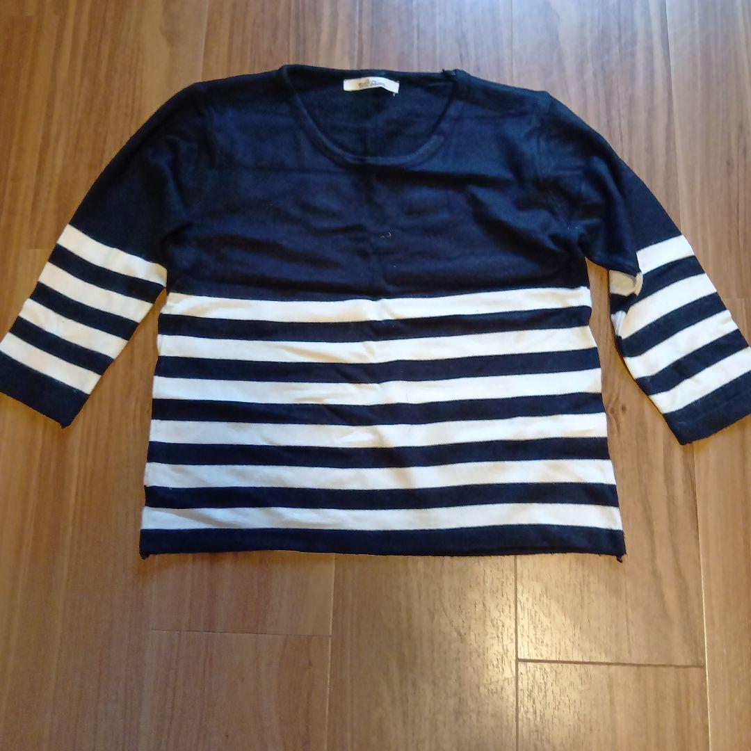 ボーダー柄 ニットセットアップ ブラック×ホワイト七分袖の写真2枚目