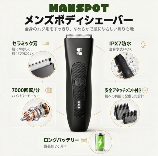 新品未開封 Manspot メンズボディシェーバー 体毛トリマー VIO対応 IPX7防水の写真2枚目