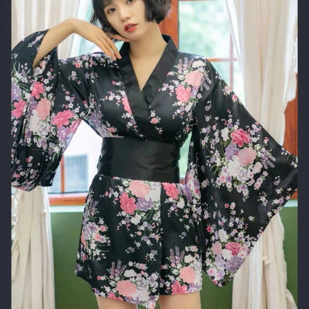 BODYLINE 花魁風 ミニ着物ドレス 花柄 ブラック