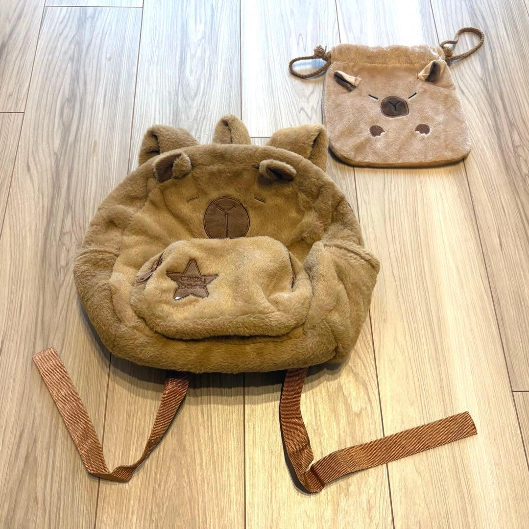 カピバラ ぬいぐるみ もこもこ リュックサック × きんちゃく袋 セット 韓国