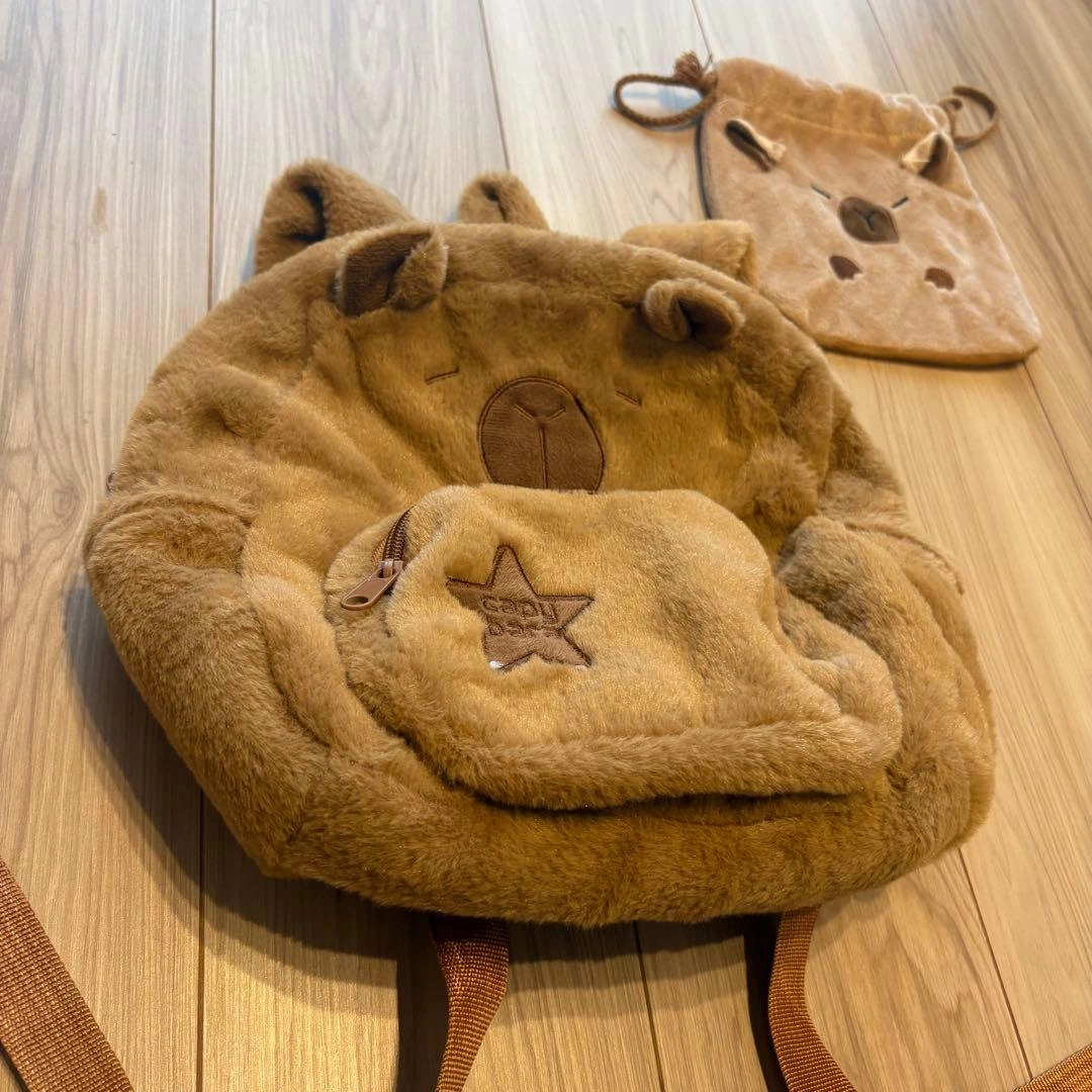 カピバラ ぬいぐるみ もこもこ リュックサック × きんちゃく袋 セット 韓国の写真3枚目