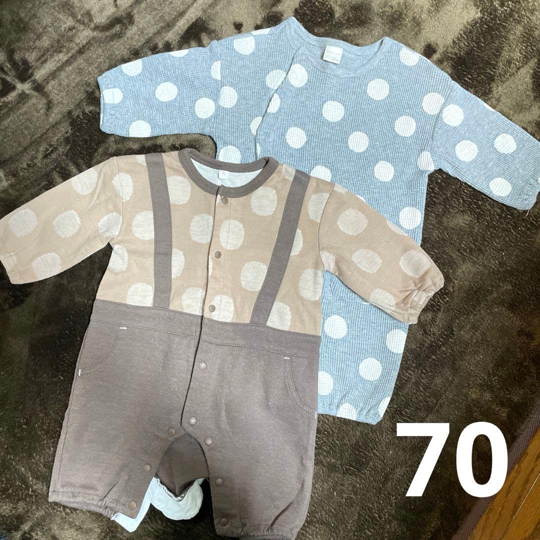 【中古】70 くすみカラーロンパース 2枚セット