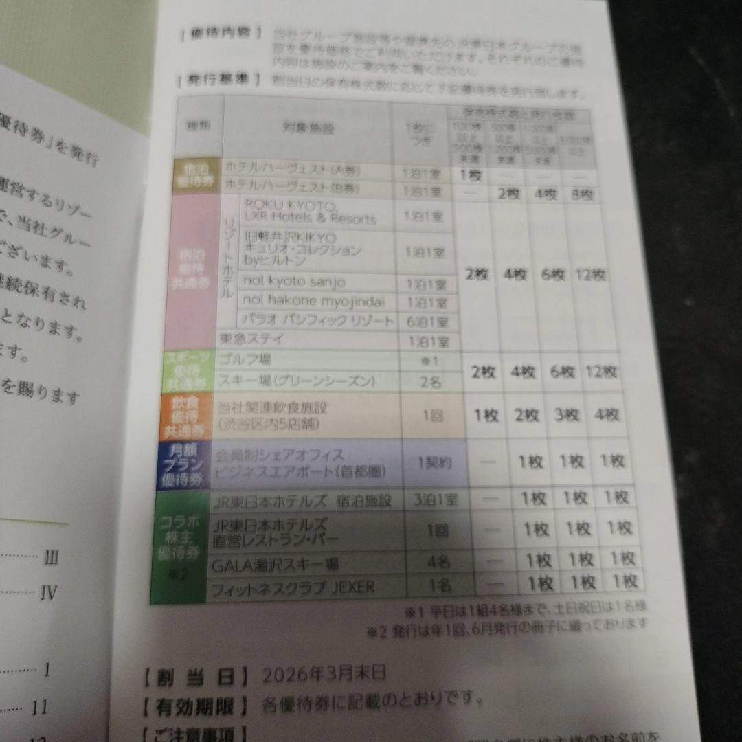 東急不動産ホールディングスの株主優待券 100株用の写真2枚目