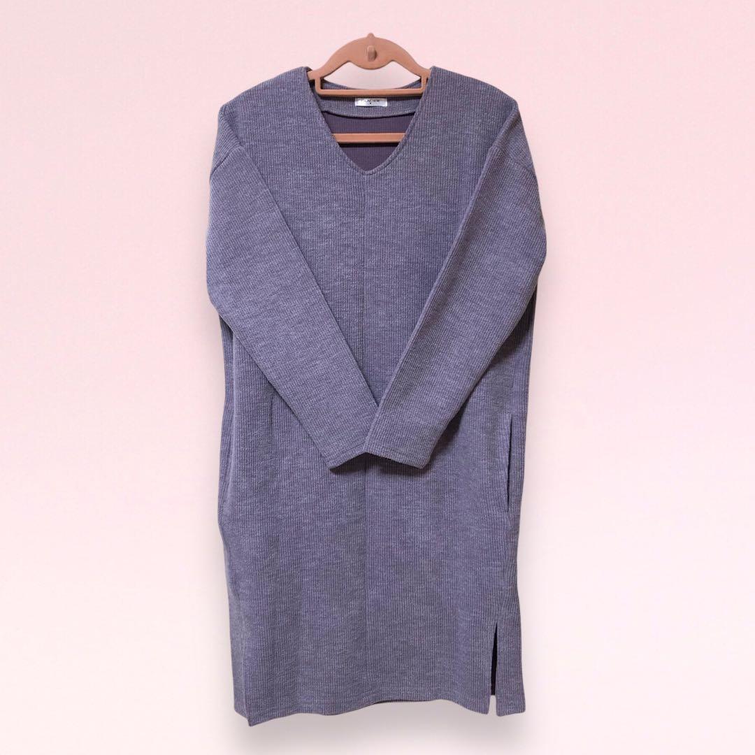 【新品】長袖トップス/ワンピース/チュニック/M/ニット/Vネック/ロング丈