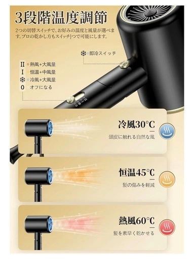 新品未開封 高速ヘアドライヤー マイナスイオン搭載 大風量 付属品付きの写真4枚目