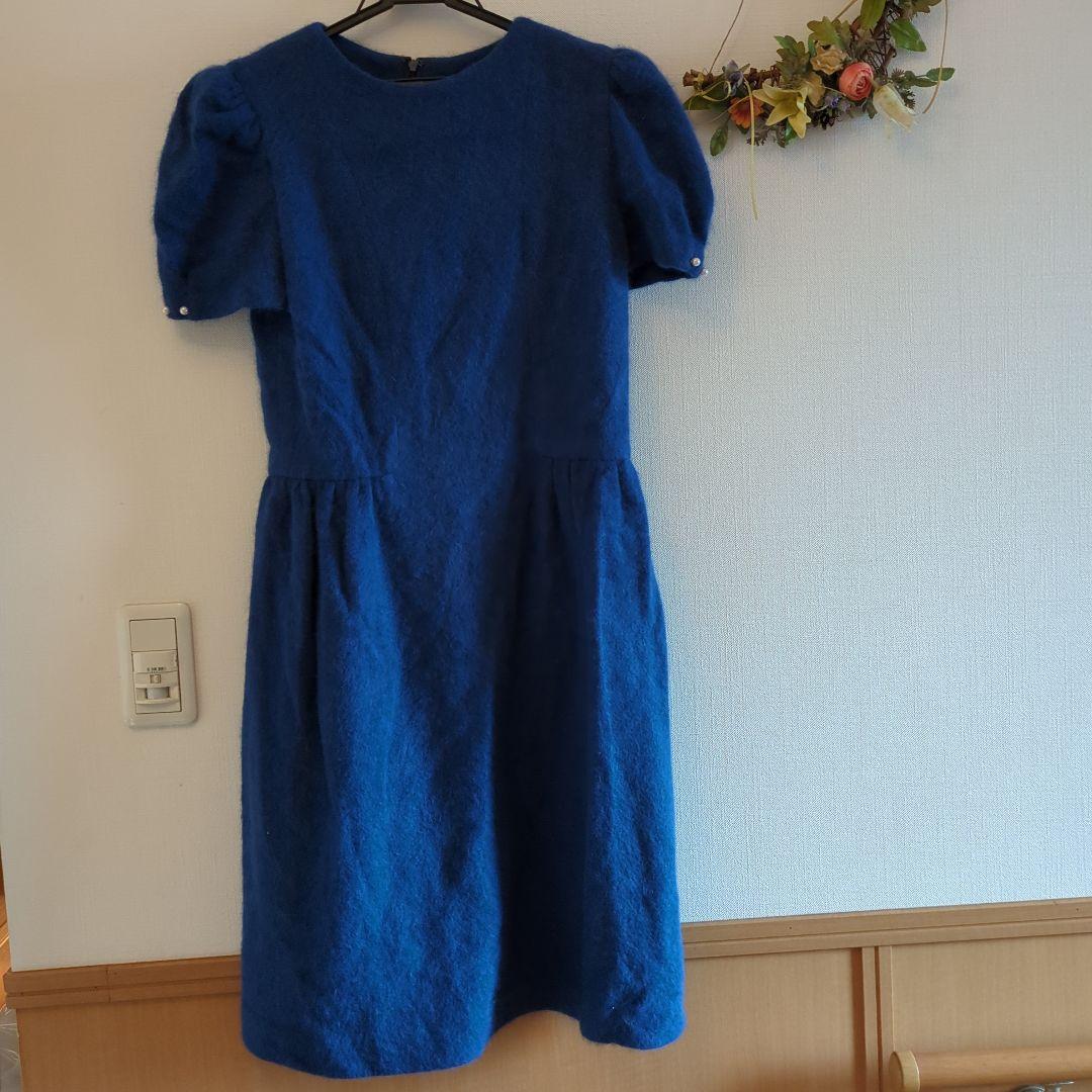 青色 半袖ワンピース 後ろファスナー
