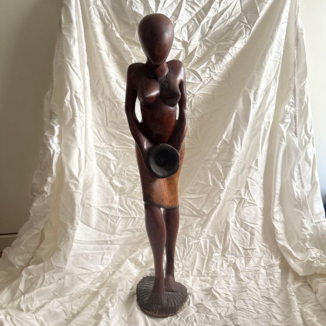 大型 アフリカ 木彫り 女性像 76cm ハンドメイド 彫刻 オブジェ