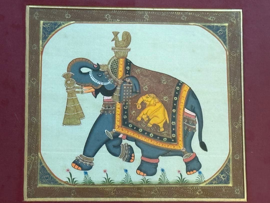 インド伝統細密画 手描き 象 ガネーシャ 金彩調 シルク画 額装約35×32cm