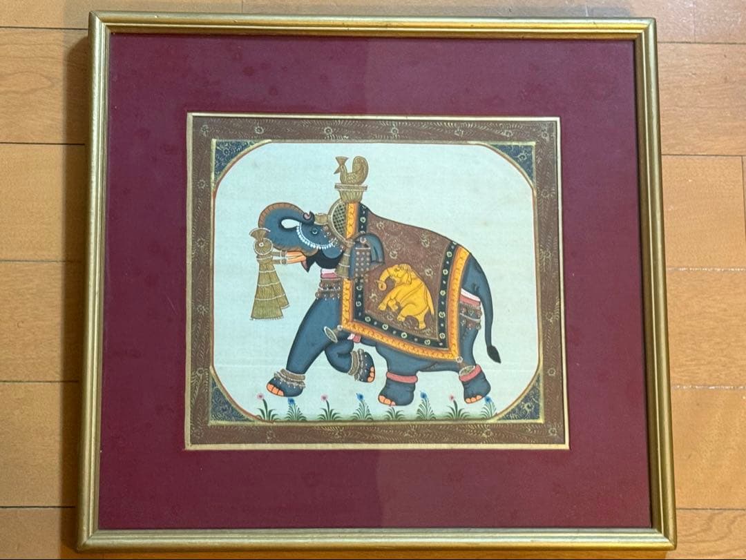 インド伝統細密画 手描き 象 ガネーシャ 金彩調 シルク画 額装約35×32cmの写真2枚目