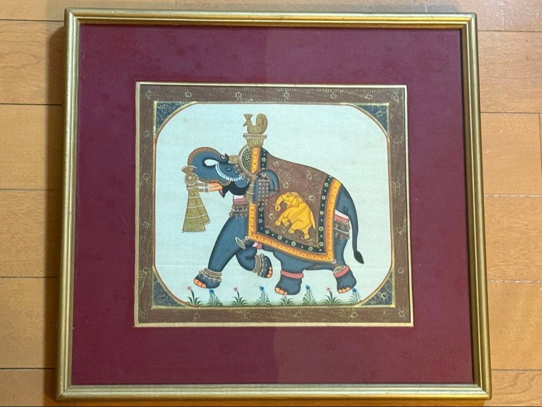 インド伝統細密画 手描き 象 ガネーシャ 金彩調 シルク画 額装約35×32cmの写真2枚目