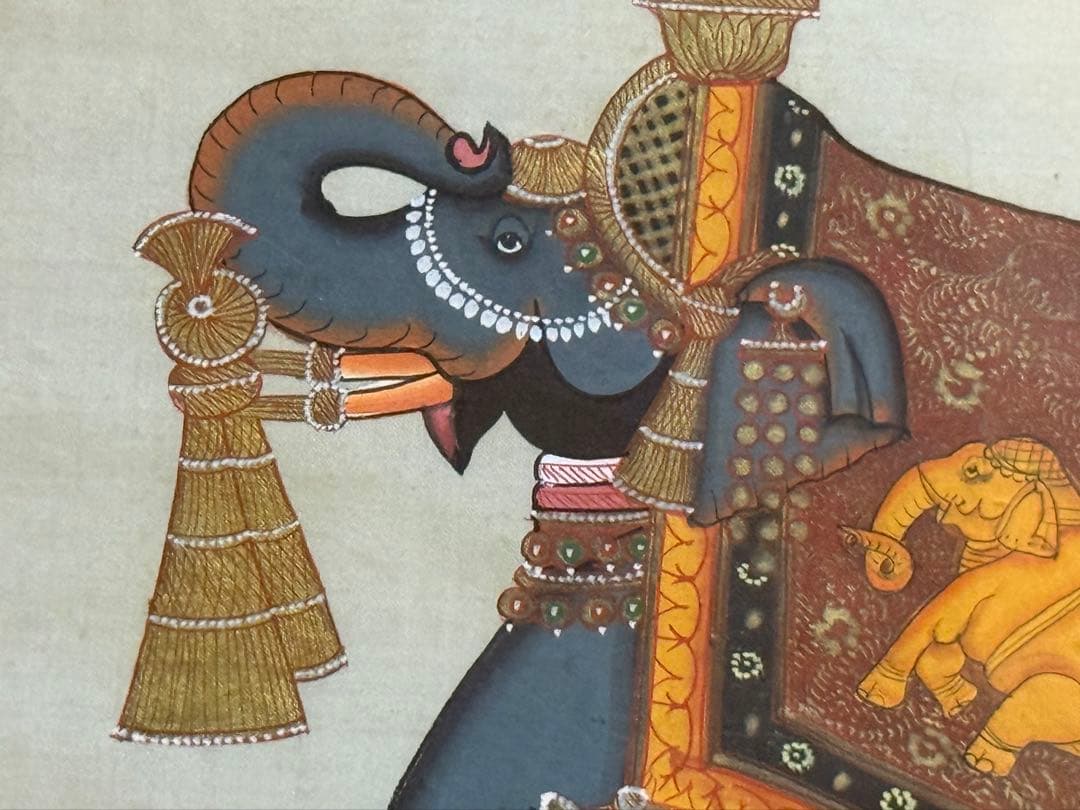 インド伝統細密画 手描き 象 ガネーシャ 金彩調 シルク画 額装約35×32cmの写真4枚目