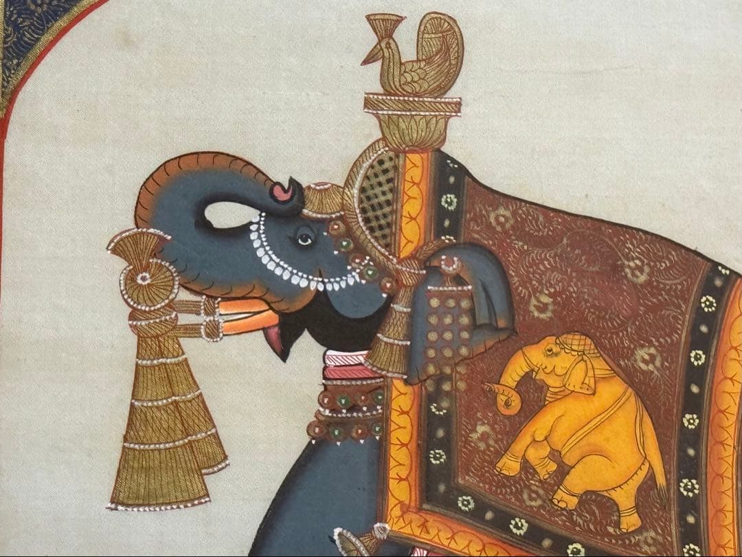 インド伝統細密画 手描き 象 ガネーシャ 金彩調 シルク画 額装約35×32cmの写真5枚目