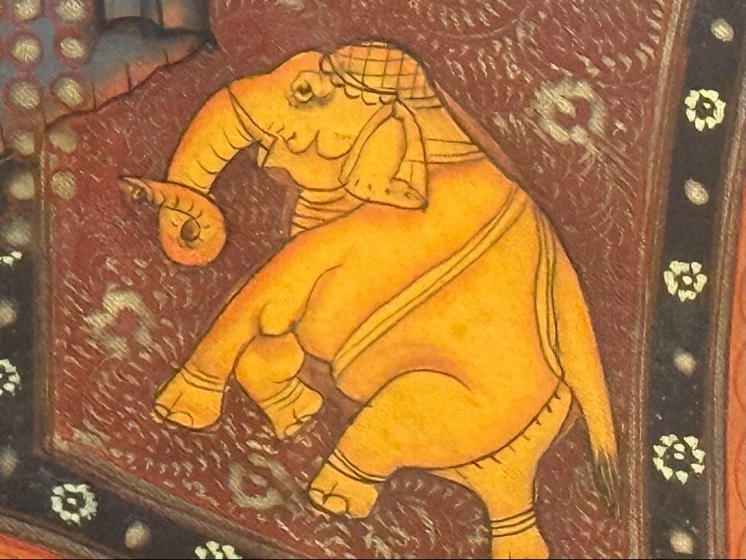インド伝統細密画 手描き 象 ガネーシャ 金彩調 シルク画 額装約35×32cmの写真7枚目
