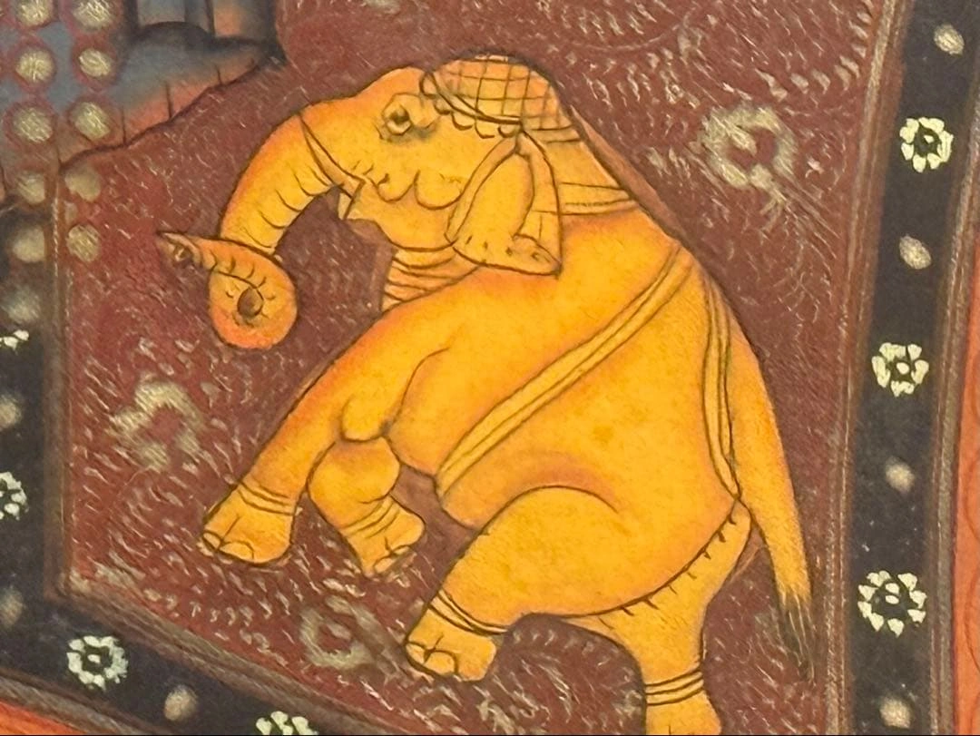 インド伝統細密画 手描き 象 ガネーシャ 金彩調 シルク画 額装約35×32cmの写真7枚目