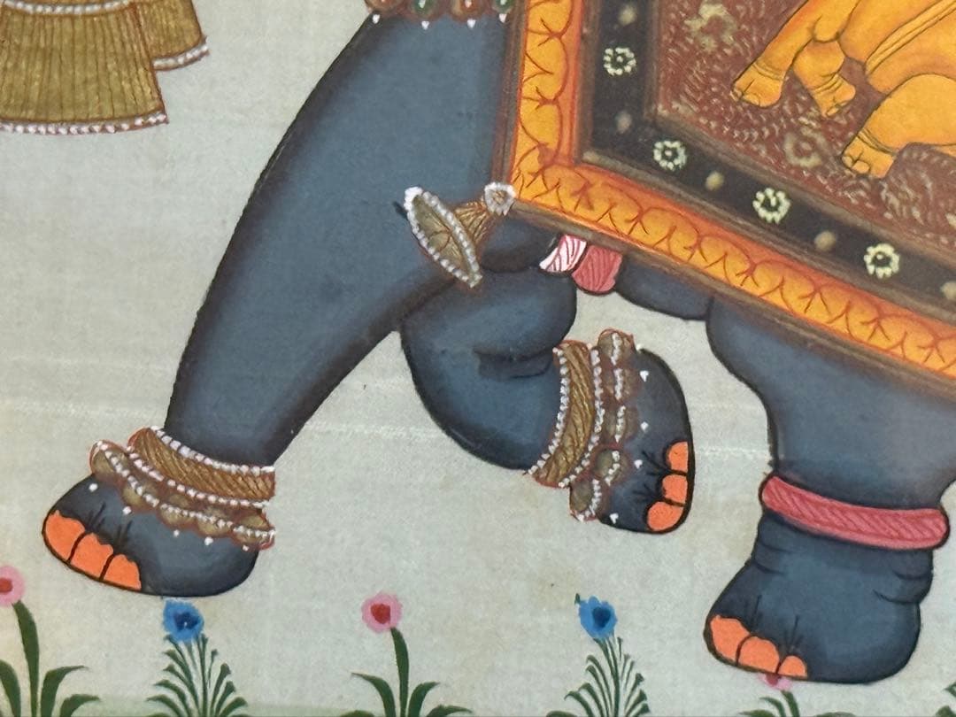 インド伝統細密画 手描き 象 ガネーシャ 金彩調 シルク画 額装約35×32cmの写真8枚目