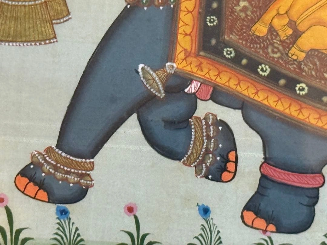 インド伝統細密画 手描き 象 ガネーシャ 金彩調 シルク画 額装約35×32cmの写真8枚目