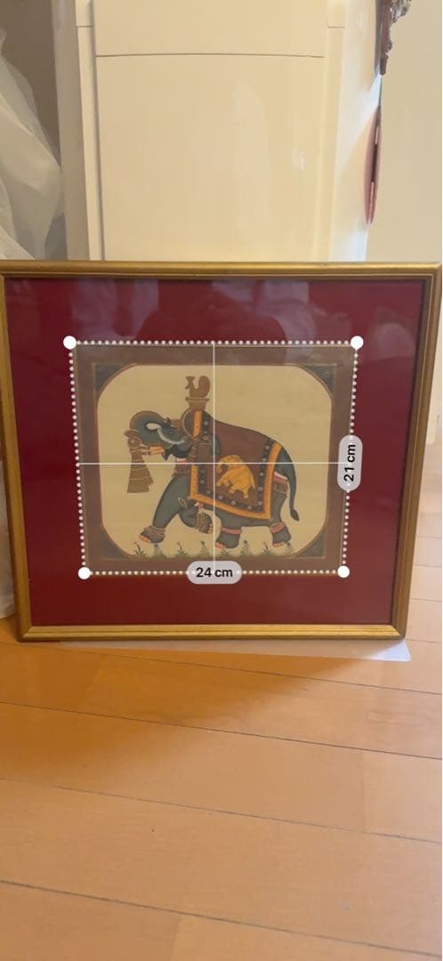 インド伝統細密画 手描き 象 ガネーシャ 金彩調 シルク画 額装約35×32cmの写真10枚目