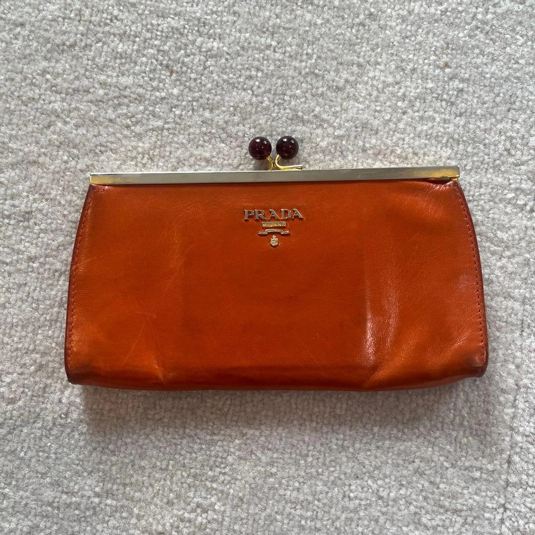 PRADA がま口 長財布 レザー オレンジ