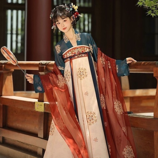 漢服 唐風 柄プリント 深緑＆レッド 中国伝統衣装 コスプレ 撮影衣装