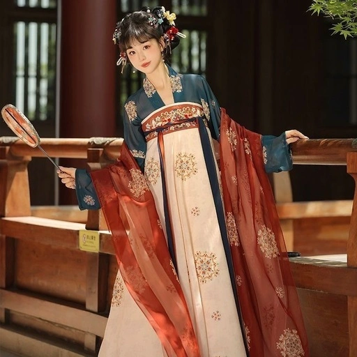 漢服 唐風 柄プリント 深緑&レッド 中国伝統衣装 コスプレ 撮影衣装