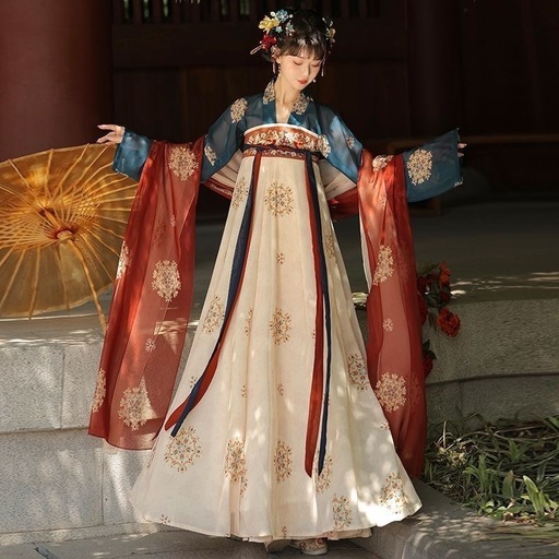 漢服 唐風 柄プリント 深緑＆レッド 中国伝統衣装 コスプレ 撮影衣装の写真2枚目