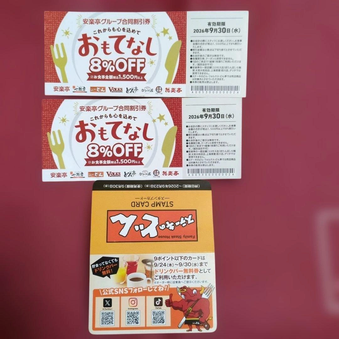 安楽亭グループ 8%OFF割引券2枚+スタンプカード