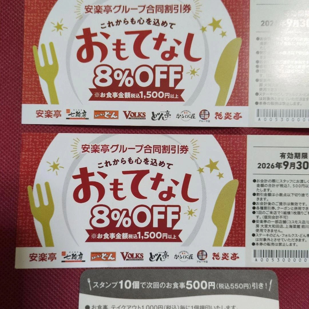 安楽亭グループ 8%OFF割引券2枚+スタンプカードの写真5枚目