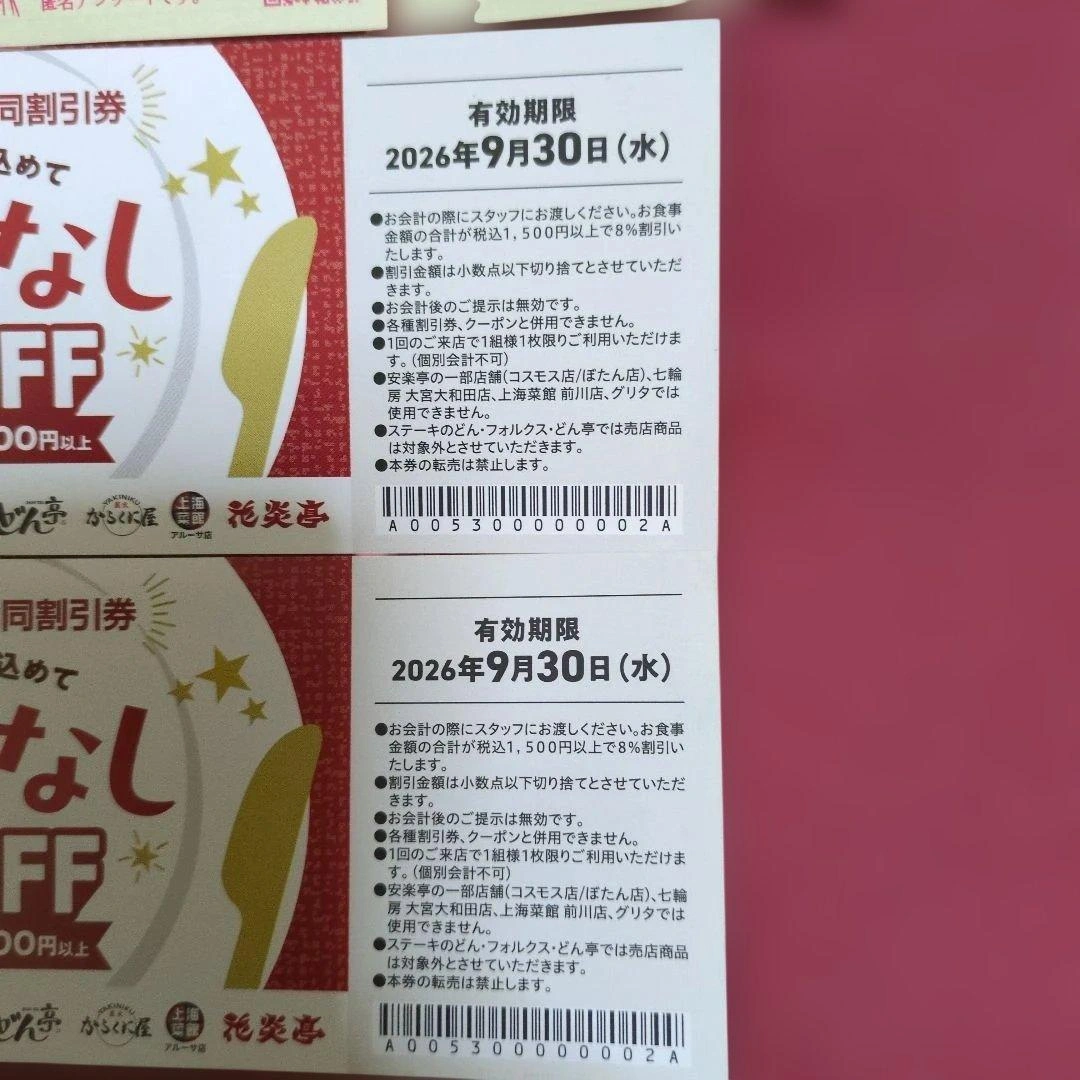 安楽亭グループ 8%OFF割引券 2枚&うどん札3枚の写真2枚目