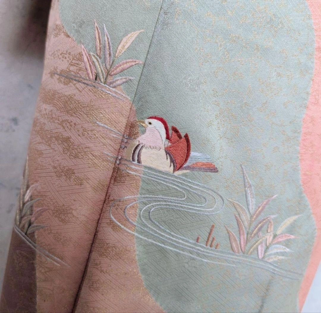 訪問着+長襦袢 フルセット 正絹 オシドリ 刺繍 金彩加工 橙ピンク F3の写真2枚目