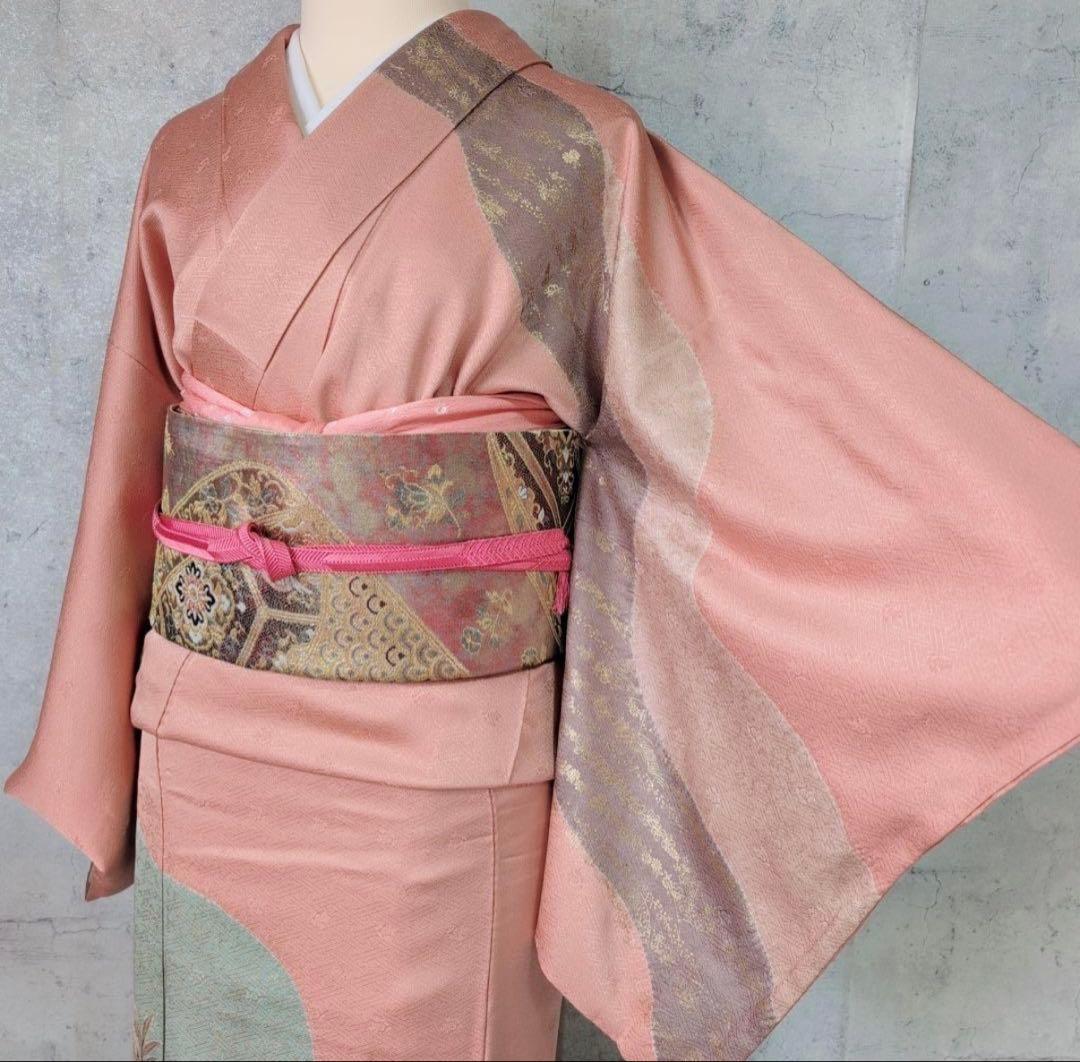 訪問着＋長襦袢 フルセット 正絹 オシドリ 刺繍 金彩加工 橙ピンク F3の写真4枚目