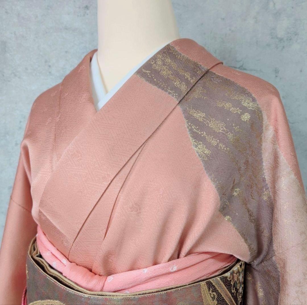 訪問着＋長襦袢 フルセット 正絹 オシドリ 刺繍 金彩加工 橙ピンク F3の写真5枚目