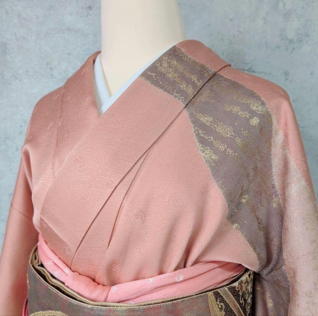 訪問着+長襦袢 フルセット 正絹 オシドリ 刺繍 金彩加工 橙ピンク F3の写真5枚目