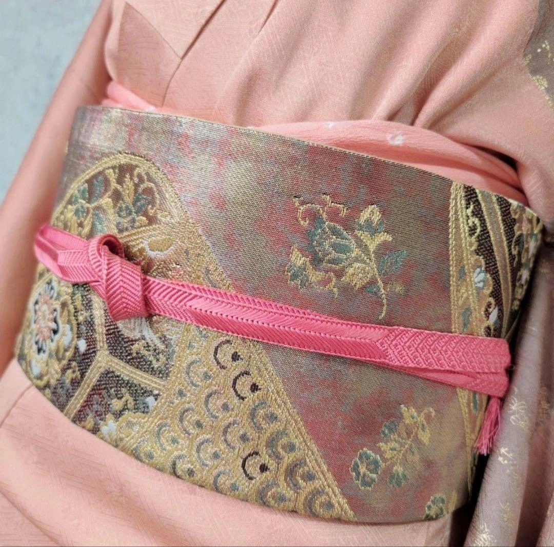 訪問着+長襦袢 フルセット 正絹 オシドリ 刺繍 金彩加工 橙ピンク F3の写真7枚目