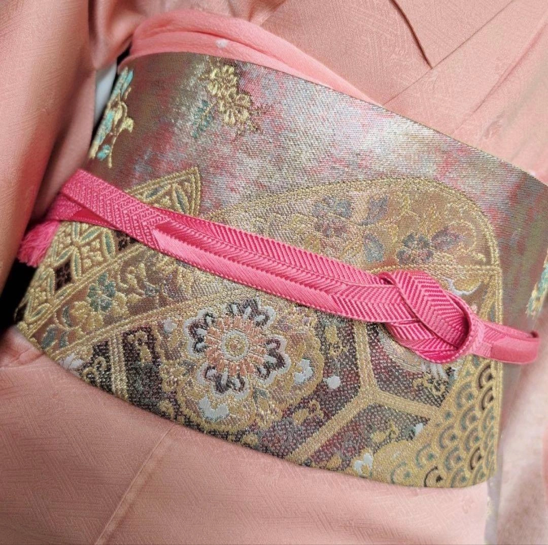 訪問着+長襦袢 フルセット 正絹 オシドリ 刺繍 金彩加工 橙ピンク F3の写真8枚目