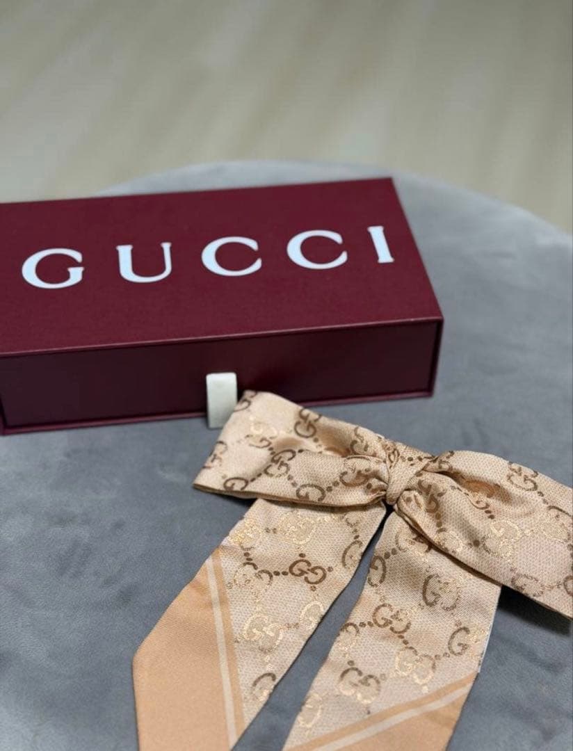 GUCCI GG柄 リボン スカーフ ベージュ ピンク