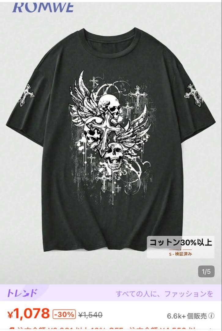 ROMWE スカル・クロス柄 半袖Tシャツ ブラック Sサイズの写真3枚目