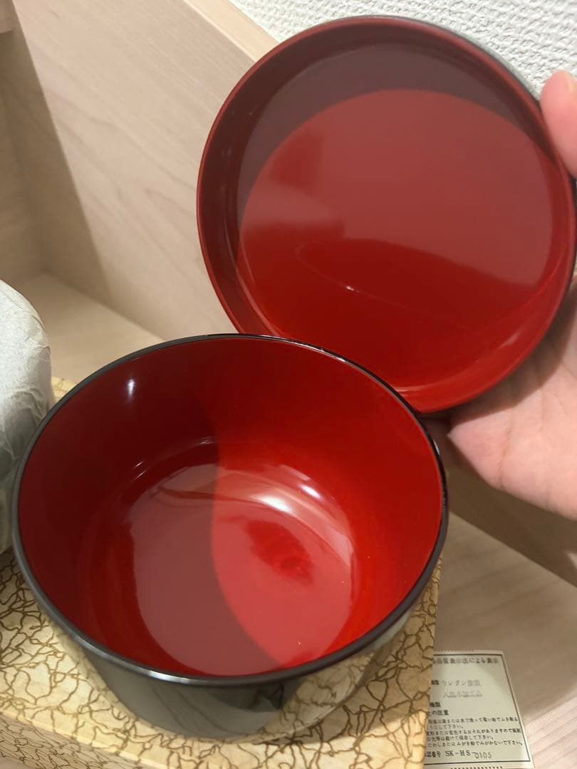【美品】伝統工芸 会津塗 お椀 2客セット 箱入り 扇 梅 竹 承認番号有の写真3枚目