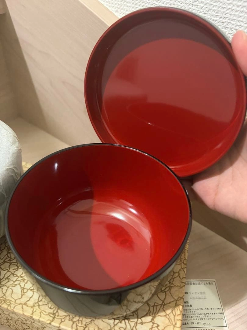 【美品】伝統工芸 会津塗 お椀 2客セット 箱入り 扇 梅 竹 承認番号有の写真3枚目