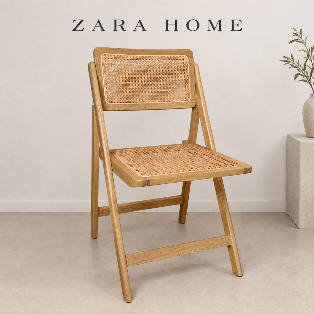 美品 ZARA HOME ウッド＆ラタン フォールディングチェア 折りたたみ椅子