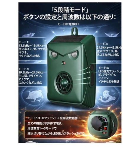 動物撃退器 猫よけ 超音波 ソーラー＆USB充電 IP68防水 (緑)の写真5枚目