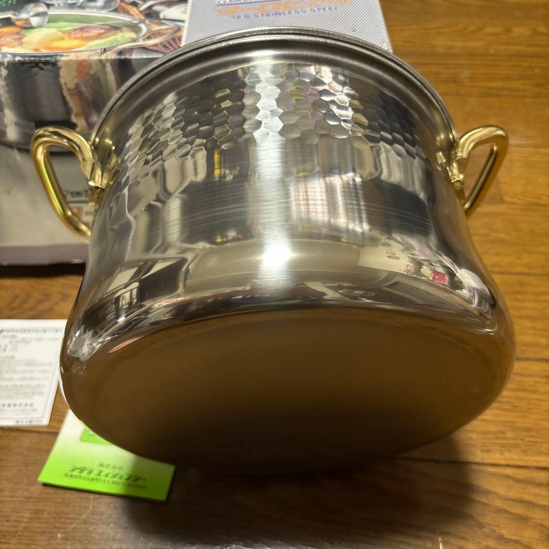 【未使用】杉山金属 22cm 深型煮込み鍋 ガラス蓋・お玉付（訳あり長期保管）の写真2枚目